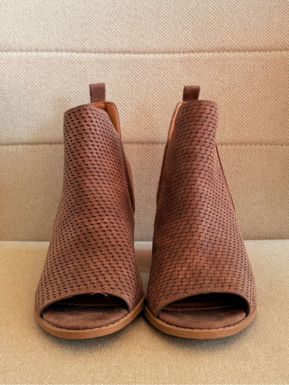 Women’s Brown Peep-Toe Perforated Booties